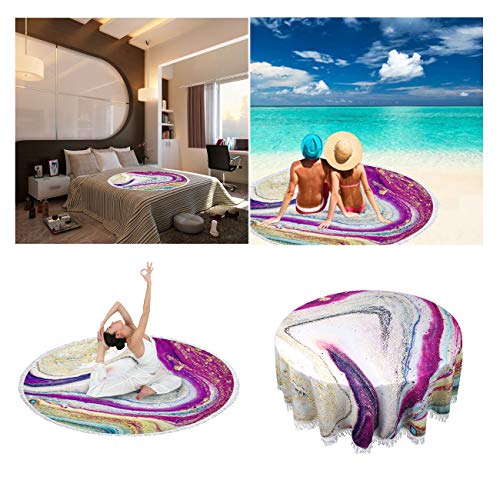 Violet Mist Purple Quicksand Round Beach Blanket 60" Microfibre Circular Beach Towel Throw with Fringe Large Sand Free Circle Beach Blanket with Tassels for Women Travel Swimming Pool Picnic Towel - color: Purple Quicksand
