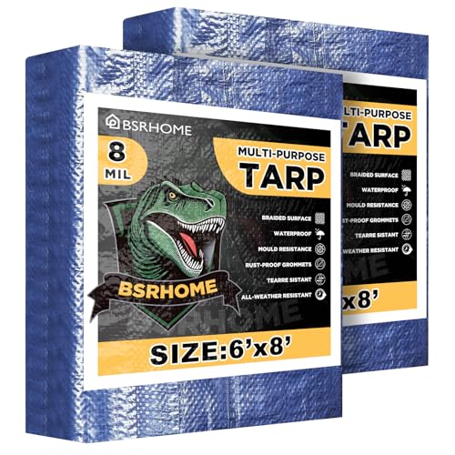 Tarps Waterproof 6x8 Feet, 2 Pack Heavy Duty Blue Tarp Cover 8 Mil Thick, Resistant Plastic Tarpaulin with Metal Grommets, Outdoor Tent Cover for Emergency Rain - color: Blue-8mil, size: 6'x8' 2pk