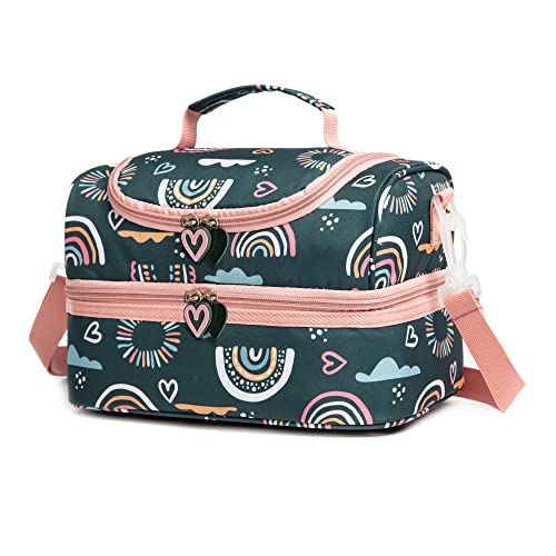 Insulated Kids Dual Compartment Lunch Bags Tote Pack for Girls Boys Toddler Kindergarten School Picnic Cooler Thermal Lunch Boxes with Strap (Green Rainbow) - color: Green Rainbow