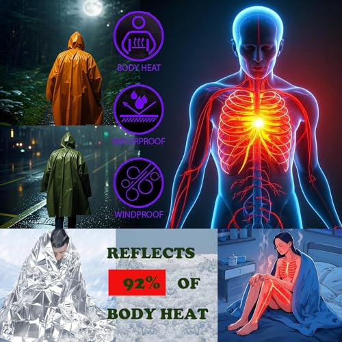 4X Surviv`al Gear kit, Emergency Poncho (2pc), Emergency Space Blanket (2pc), Mylar Liner - Retains 92% Body Heat, Outdoors, Hiking, Camping, Bug Out Bag, Marathons or First Aid, Car (G + O) - color: Multicolor