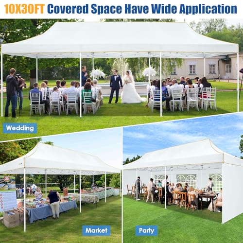 HOTEEL 10x30 Pop up Canopy Tent for Parties, Heavy Duty Easy Setup Tent with 5 Sidewalls, Outdoor Commercial Instant Gazebo for Wedding Event, with Roller Bag & Sand Bags, White(Hexagonal Frame) - color: White, size: 10x30FT (+5 Walls)