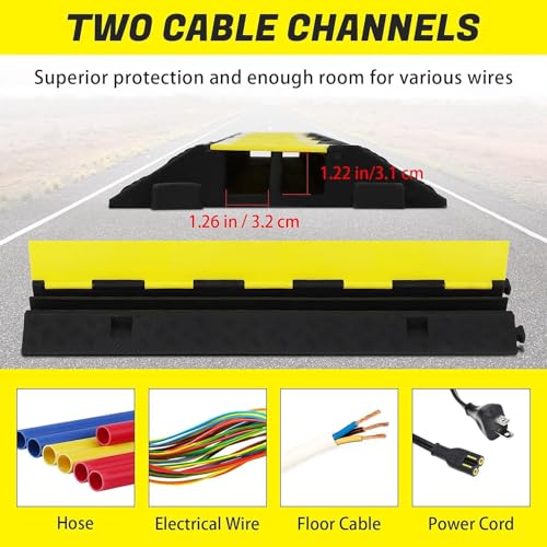 6 Pack Rubber Cable Protector Ramp with 2 Channel, 11000 LBS Load Capacity, Modular Floor Cord Wire Hose Cover, Heavy-Duty Driveway Speed Bump for High Traffic Areas - size: 6 Pack