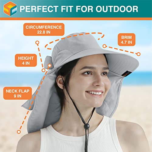 SUN CUBE Wide Brim Sun Hat with Neck Flap, UPF50+ Hiking Safari Fishing Hat for Men Women, Sun Protection Beach Hat - color: Light Grey With Bow