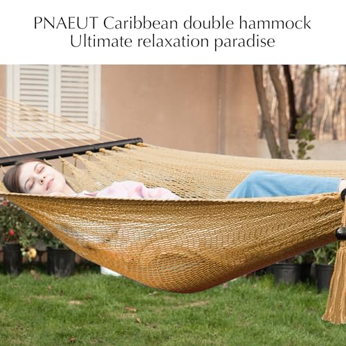 PNAEUT 2 Person Caribbean Rope Hammocks for Outside, 12ft Handwoven Polyester Double Hammock with Spreader Bar for Outdoor Indoor, Max 600 lbs Capacity (Tan) - color: Tan