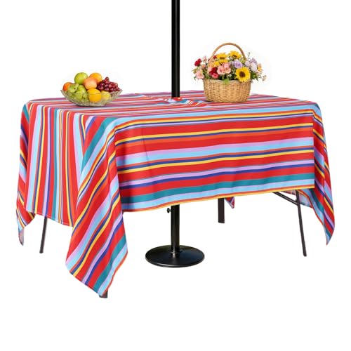SquarePie Outdoor Tablecloth with Umbrella Hole and Zipper Rectangle Waterproof Spillproof Table Cloth for Spring Summer Picnic Patio Garden Poolside Camping, 60x84 inch Color Stripe - color: Color Stripe, size: 84" x 60" (Rectangular)