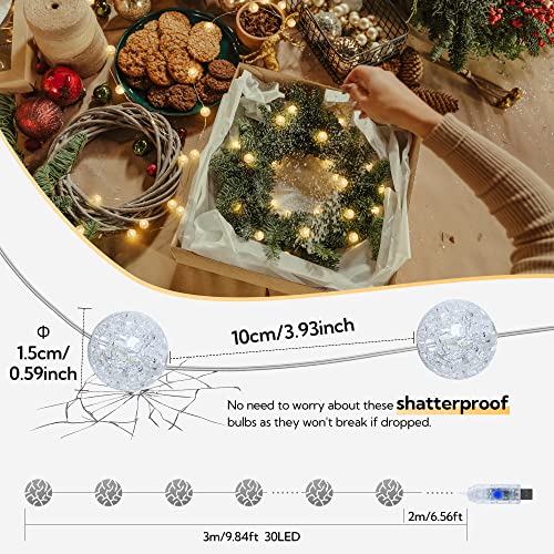 Globe String Lights,10FT 30 LED Decorative Christmas Lights,8 Modes Crystal Crackle Ball Lights,USB Twinkle Fairy Lights for Bedroom,Indoor,Outdoor,Classroom,Wedding,Party,Garden,Warm White - color: Warm White, size: 30LED