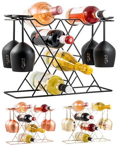 Gusto Nostro Small Wine Racks Countertop Storage for 8 Bottles & 4 Glasses - Countertop Wine Rack with Glass Holder, Modern Tabletop Black Wine Rack, Wine Holder Stand for Kitchen Cabinet Wine Cellar - color: Black, size: 8 Bottles