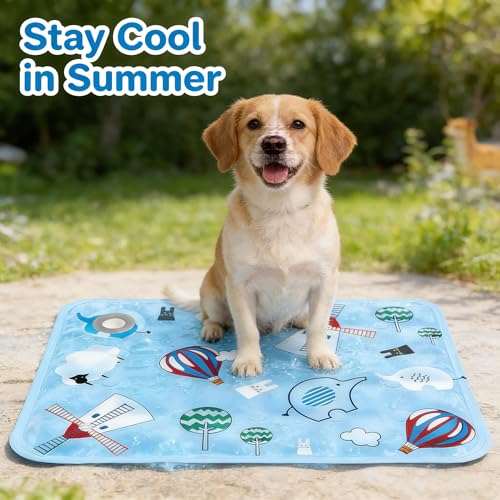 Water Fillable Pet Cooling Mat Pressure-Activated Gel Pad for Dogs & Cats, Scratch-Resistant Summer Cooling Bed (Dream Windmill (Blue), Small) - color: Dream Windmill (Blue), size: Small