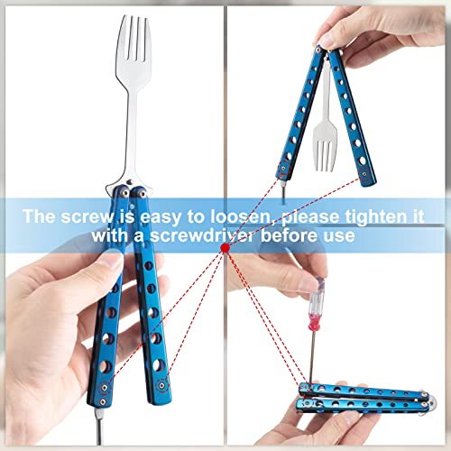 Flutesan 2 Pcs Butterfly Fork and Spoon Set, Folding Stainless Steel Fork Tactical Butterfly Spoon for Travel BBQ Kitchen Camping Hunting(Blue) - color: Blue