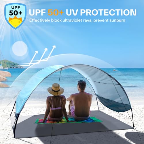 Sportneer Beach Tent Sun Shelter Beach Shade Canopy UPF 50+ UV Protection with 8 Wind Ropes and 12 Ground Stakes for Beach Camping Backyard Picnic Outdoor (Light Blue)