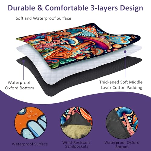 Mushroom Picnic Blankets Waterproof Foldable Picnic Outdoor Blanket 80"x 60" Picnic Mat 3-Layer Thicking Outdoor Foldable Blankets Sandproof Lightweight Beach Blankets with Strap Machine Washable - color: Mushroom02, size: 60*80in