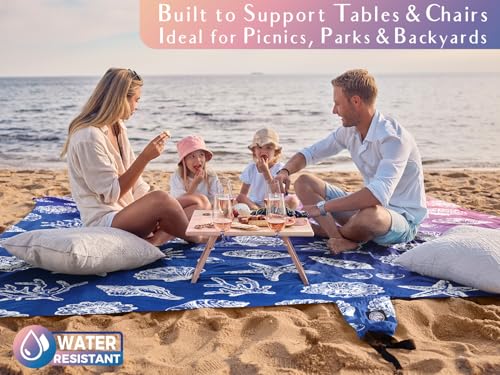 WEKAPO Beach Blanket Waterproof Sandproof Oversized, Extra Large Beach Mat Sand Free, Lightweight & Compact Sand Free Mat with 5 Stakes & 4 Corner Pockets - color: Gradient-deepblue Sea Shells, size: 8 x 7 FT (1～4 person)