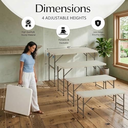4FT Folding Table with One Press Adjustable Height,Fold in Half Portable Card Table with Carry Handle&Locking Steel Legs,Heavy Duty Plastic Utility Table for Party,Picnic,Camping Indoor Outdoor,White