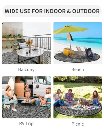 MontVoo Outdoor Rug Carpet Waterproof Round 8ft Outdoor Patio Rug Mat Reverisble Plastic Straw Outdoor Rug for RV Camping Picnic Beach Balcony Boho Grey - color: Grey, size: 8' (Round)