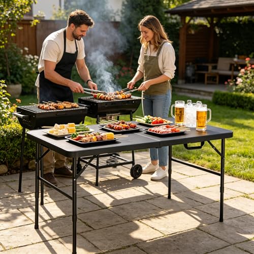Portable Plastic Folding Table 4ft/6ft/8ft Heavy Duty White Black Picnic Dining Table Fold-in-Half for Camp Party Kitchen Indoor Outdoor - color: Black, size: 4FT, style: Flat Desktop
