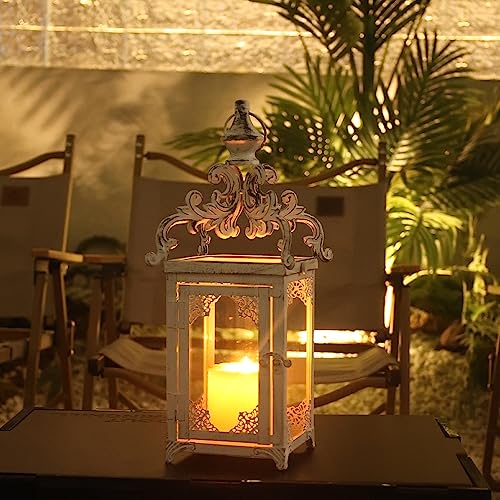 NEEDOMO Lanterns Decorative Indoor, 16" White Hanging Lantern Decor Outdoor, Vintage Metal Large Candle Lantern for Patio, Front Porch, Table, Home Decor, Candle Holder with Clear Glass - color: Beige