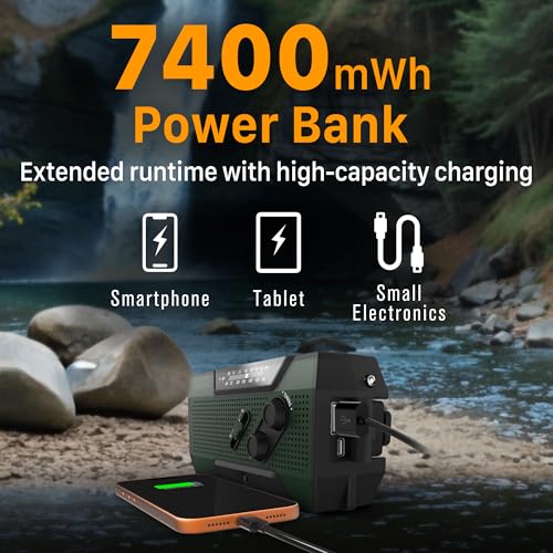 FosPower NOAA Emergency Weather Radio A1 7400mWh Portable Power Bank, AM/FM, USB/Solar/Hand Crank Charging, Battery Operated, SOS Alarm & Flashlight for Indoor/Outdoor Emergency - Green - color: 03 - Model A1 - Green