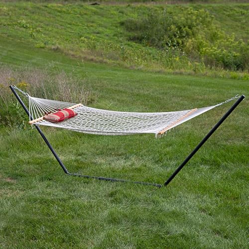 Sunnydaze Rope Hammock with Stand for Outside - Heavy Duty Freestanding Portable Outdoor Hammock Set with Quilted Pad, Pillow, and 12-Foot Steel Frame - 275 lb Capacity - Awning Stripe - color: Awning Stripe
