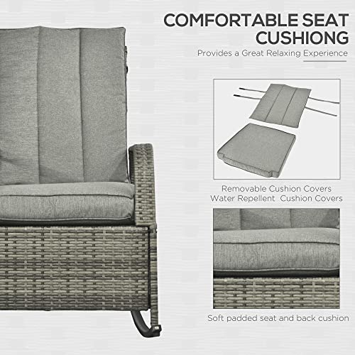 Outsunny Wicker Outdoor Rocking Chair, Patio Recliner with Adjustment Backrest, PE Rattan Lounge Chair with Adjustable Footrest and Cushions for Garden, Backyard, Porch, Gray - color: Grey