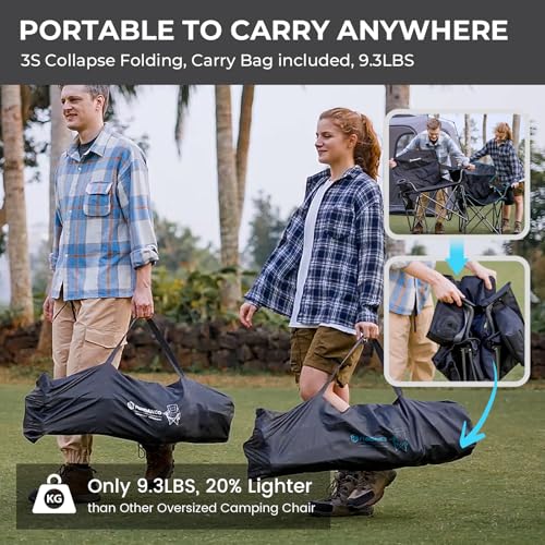 FUNDANGO Oversized Camp Chair, 2 Pack,550lbs Heavy Duty Portable Foldable Lawn Chair with Padded Lumbar Support Seat & Back, 4-can Cooler & Cup Holder, Carry Bag Included for Outdoor (Black/Grey) - color: Black/Grey With Lumber Support 2 Pack