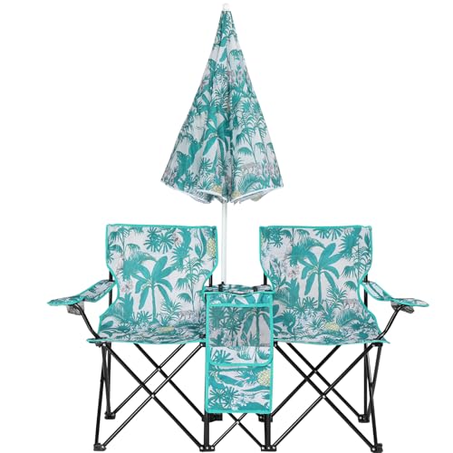 Double Folding Camping Chair W/Umbrella Fold Up Table Beverage Holder Carrying Bag Cooler for Patio Pool Park Outdoor Beach, Picnic, Portable (Pineapple) - color: Pineapple
