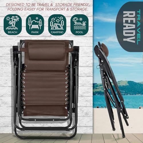 Zero Gravity Lounge Chair Adjustable Outdoor Reclining Chair Folding Patio Anti-Gravity Indoor Outdoor Lounge Chair w/Pillow, Cup Holder (One Chair - Brown) - color: One Chair - Brown