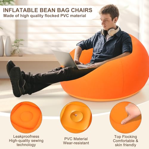 Lunmon 2 Pcs Small Bean Bag Chair Inflatable Chair Blow up Games Sofa Foldable Flocking Inflatable Lazy Sofa Portable Blow up Lounger for Living Room Bedroom (Orange,Rose Red) - color: Orange, Rose Red
