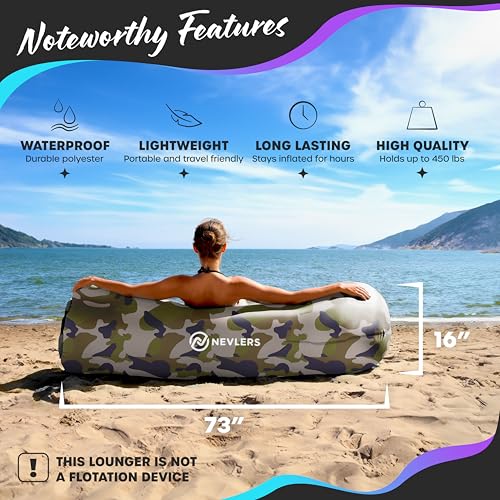 Nevlers Camouflage Inflatable Chair | 210T Polyester Blow Up Chair | No-Pump Air Couch | Inflatable Sofa w/ 450lbs. Capacity, Pockets & Matching Bag | Use as Blow Up Couch for Adults & Children - color: Camouflage, size: 1 Pack