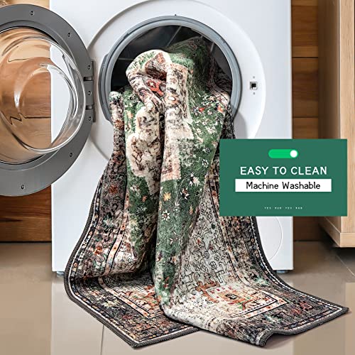 Washable Runner Rug 2x6 Green Boho Area Rug for Entryway Hallway Kitchen Laundry Room Bathroom Non Slip Washable Vintage Runner Carpet - color: A#green, size: 2' x 6' (Rectangular)