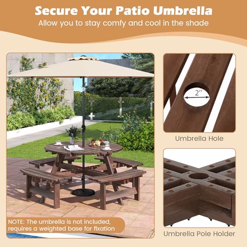 Giantex 8-Person Round Picnic Table Set with 4 Benches, 550 LBS Bench Capacity, 2" Umbrella Hole, Circular Outdoor Wood Dining Table & Chairs for Patio Yard Garden Porch Deck (71”x71”x28”,Brown) - color: Brown, size: 71”x71”x28”