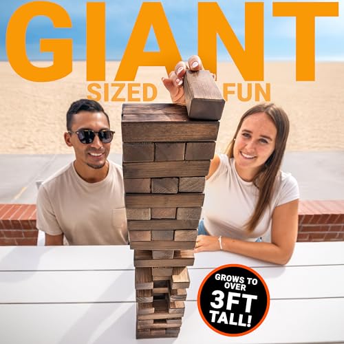 GoSports Giant Wooden Outdoor Stacking Game – Stacks Up to 3 ft – Large Toppling Tower with Case for Yard Games, Family Game Night, Camping, and Parties - color: Brown Wood Stain