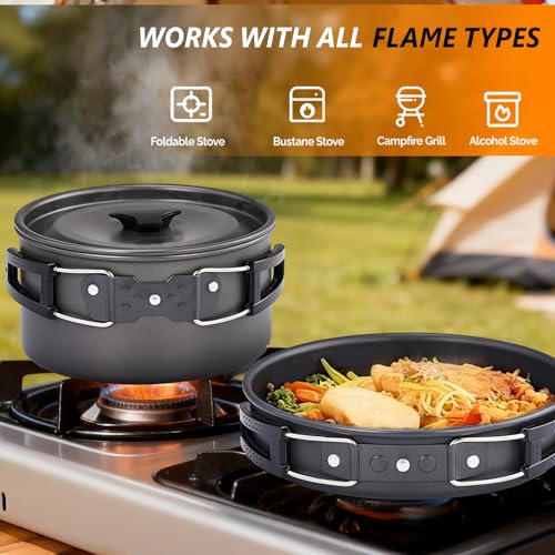 ROVSUN 34/10/6 pcs Camping Cookware Mess Kit, Lightweight Non-Stick Camping Cooking Pot and Pan Set with Stainless Steel Camping Gear Kettle Cup for Open Fire, Backpacking, Outdoor Cooking - style: 10 Pcs