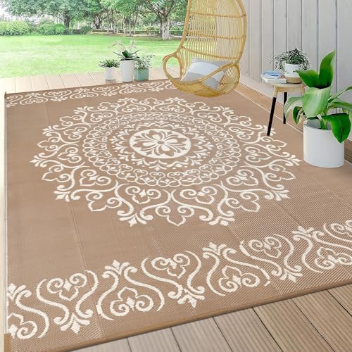 Pauwer Waterproof Outdoor Rug 6x9, Reversible Plastic Straw Patio Camping Rug, Indoor Outdoor RV Mat Carpet for Deck, Camper, Porch, Balcony, Backyard, Picnic, Floral Brown - color: Floral Brown, size: 6' x 9' (Rectangular)