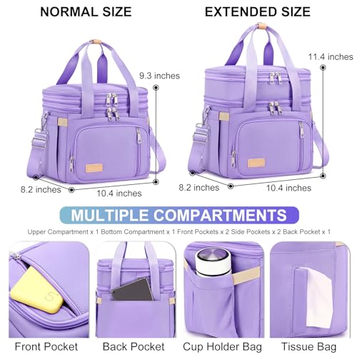 MAPLELILY Lunch Box for Men Women - Double Deck Insulated Lunch Bag, Large Leak Proof Tote Cooler, Wide Open Dual Compartment Lunch Bags with Shoulder Strap, For Work Picnic Hiking Beach, Purple - color: Purple