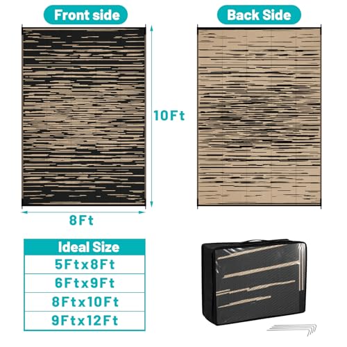 HEBE Outdoor Rug 8'x10' for Patios Clearance, Waterproof Reversible Plastic Straw Rug Camping Mat, Indoor Outdoor Area Rugs Carpet for Deck, Porch, RV, Picnic, Balcony - color: Stripe/Black, size: 8' x 10' (Rectangular)