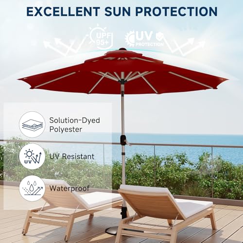10FT 3-Tier Aluminum Outdoor Patio Umbrella, Fade-Resistant Market Umbrella with Push Button Tilt Function, 8 Sturdy All-Aluminum Ribs for Gardens, Patios, Backyards & Pools - color: Burgundy, size: 10FT-3Tier (Aluminum Umbrella)
