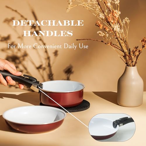 Moss & Stone Aluminum Pots And Pans Set Nonstick, Removable Handle Cookware, Stackable Pots And Pans Set, Dishwasher safe, Induction Pots And Pans, Camping Cookware Set (5 Pcs Burgandy) - size: 5 Pcs Burgandy