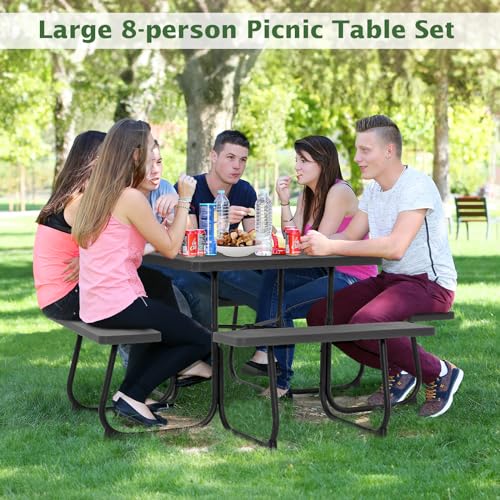 Giantex Picnic Table Bench Set for Up to 8 Persons, Square Outdoor Table and Bench with Umbrella Hole, HDPE Top & Metal Frame, 2000LBS Capacity, Patio Table Bench Set for Deck Backyard Garden, Black - color: Black, size: Square-35"x35"x30"