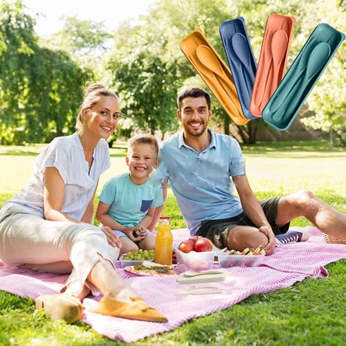 Travel Utensils with Case, 4 Sets Reusable Utensils Set with Case, Wheat Straw Utensils for Lunch Box Accessories, Camping Utensil Set for School Work Lunch or Daily Use - color: Travel Utensils with Case
