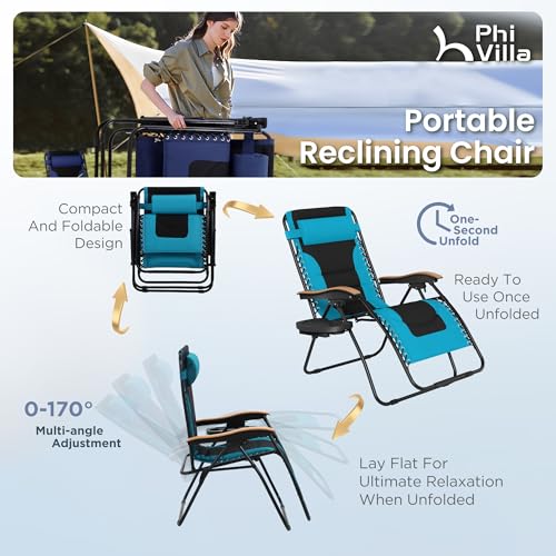 PHI VILLA XXL Oversized Padded Zero Gravity Chair Set of 2, Foldable Patio Recliner, 30" Wide Seat Anti Gravity Lounger with Armrest and Cup Holder, Support 400 LBS (Aqua Blue) - color: Aqua, style: 2 Pcs