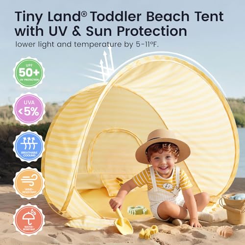 Tiny Land Baby Beach Tent – Pop Up Baby Tent with UV Protection, Portable Baby Beach Essentials, 35.4"x27.6"x31.5" Sun Shelter for Infants, Baby Summer Outdoor Use (Pastel Yellow Stripes) - color: Pastel Yellow Stripes
