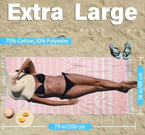 Widdonen Thin Turkish Beach Towel Lightweight Quick Dry Absorbent Cotton Bathroom Bath Pool Swim Towels Extra Large Oversized Sand Free Beach Accessories Essentials Cloud Gifts for Adult - color: 2 Pack Ablue Pink, size: X-large(79 X 36 Inches,200 X 90 Cm