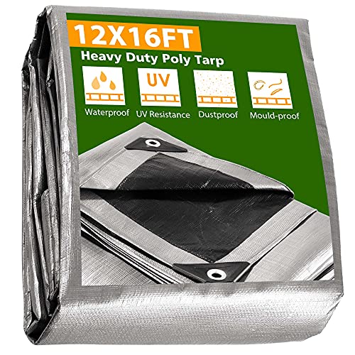 Yescom 12x16FT 14-Mil Plastic Tarp Waterproof Heavy Duty Tarpaulin with Eyelets Reversible Tear Resistant Furniture Covers Painting Camping Roof - color: 14mil-1pc-silver, size: 12X16 Ft