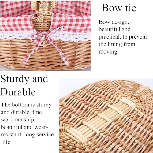 13.78" Wicker Picnic Basket with Picnic Cloth Vintage Picnic Basket with Removable Liner, Folding Handle and Lid Picnic Basket Set for Picnic, Camping, Outdoor, Valentine Day, Thanks Giving, Birthday