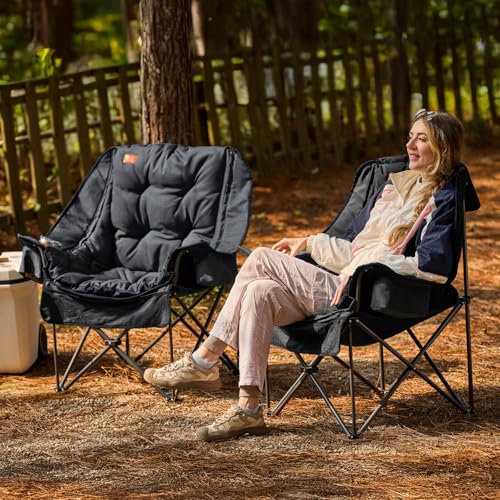 EVER ADVANCED 2 Set Camping Chair with Detachable Cushion, Mesh Chair for Adults Foldable, Oversized Heavy Duty Folding Chair with Cooler Mesh Pocket Cupholder Outdoor Fishing, Supports 400LBS Black - color: Black, size: 2 P