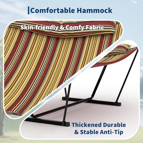 2 Person Double Hammock with Adjustable Steel Stand & Pillow, Heavy Duty Portable Outdoor Hammock Set, MAX 450 LBS Weight Capacity for Patio, Garden, Beach, Backyard - color: V-wine Red & Brown-yellow Striped