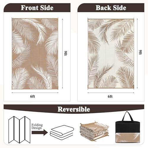 Pauwer Waterproof Outdoor Rug 6x9, Reversible Plastic Straw Patio Camping Rug, Indoor Outdoor RV Mat Carpet for Deck, Camper, Porch, Balcony, Backyard, Picnic, Leaf Brown - color: Leaf Brown, size: 6' x 9' (Rectangular)
