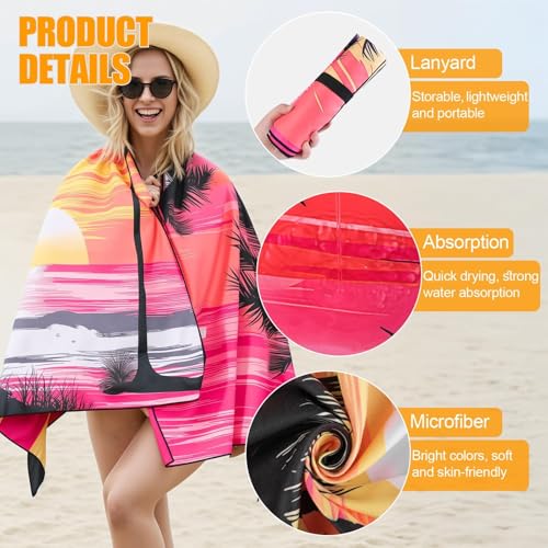 Oversized Microfiber Beach Towel Thin 2 Pcs, Pink Blue Sunset Seaside Double Sided Towel, Large Sand Free Quick Dry Soft Swim Absorbent Compat Towels for Adult Women Men, Summer Swim Holiday, 35"x71"
