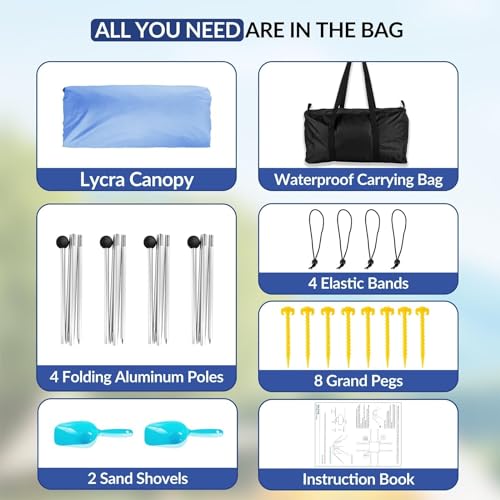 Gardentime Beach Tent Canopy with 8 Sandbags 4 Aluminum Poles, Pop Up Portable Camping Sun Shelter, Easy Set Up with 2 Sand Shovel, Ground Pegs, Carrying Bag for Outdoor Beach,Picnic, Fishing - color: Navy