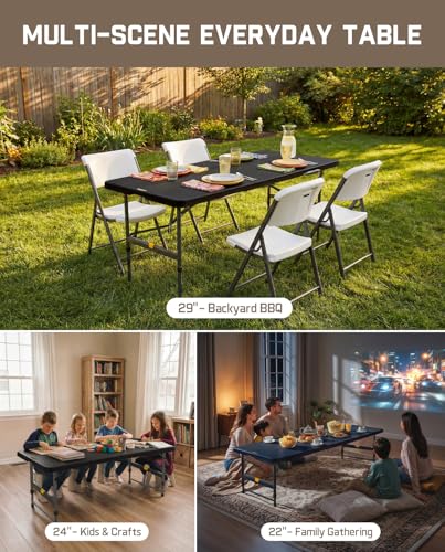 FanttikOutdoor 6ft Folding Table, 3 Heights, One-Handed Height Adjustment, Gravity Lock, Carry Handle, Indoor Outdoor Heavy Duty Fold-in-Half Portable Utility Table, Party, Black Zeta X6 Pro - color: Black
